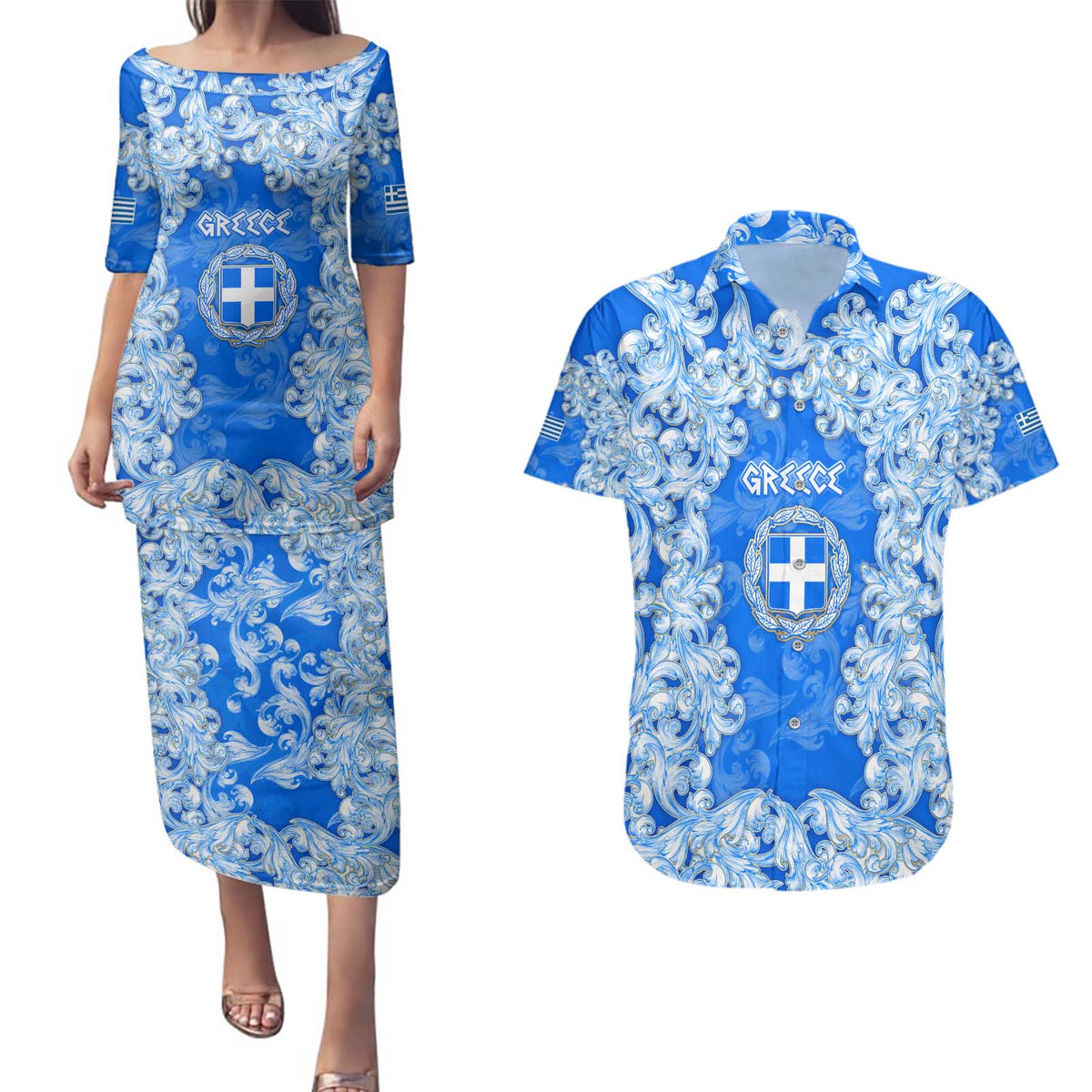 Greece Baroque Pattern Couples Matching Puletasi and Hawaiian Shirt with Greek Flag Crest and Country Map