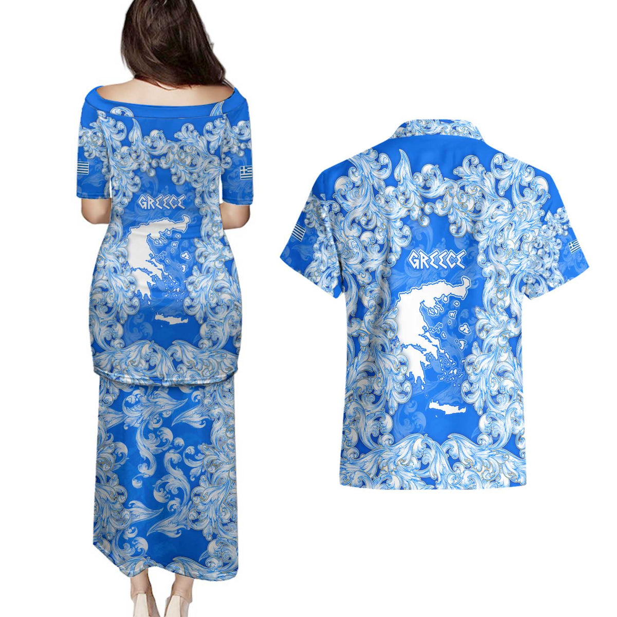 Greece Baroque Pattern Couples Matching Puletasi and Hawaiian Shirt with Greek Flag Crest and Country Map