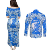 Greece Baroque Pattern Couples Matching Puletasi and Long Sleeve Button Shirt with Greek Flag Crest and Country Map