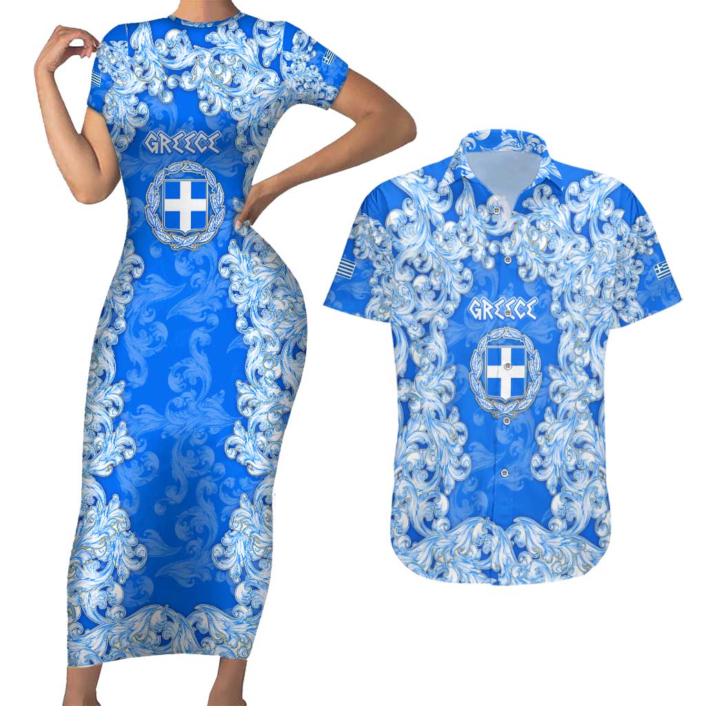 Greece Baroque Pattern Couples Matching Short Sleeve Bodycon Dress and Hawaiian Shirt with Greek Flag Crest and Country Map