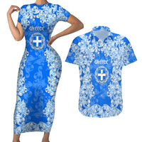 Greece Baroque Pattern Couples Matching Short Sleeve Bodycon Dress and Hawaiian Shirt with Greek Flag Crest and Country Map
