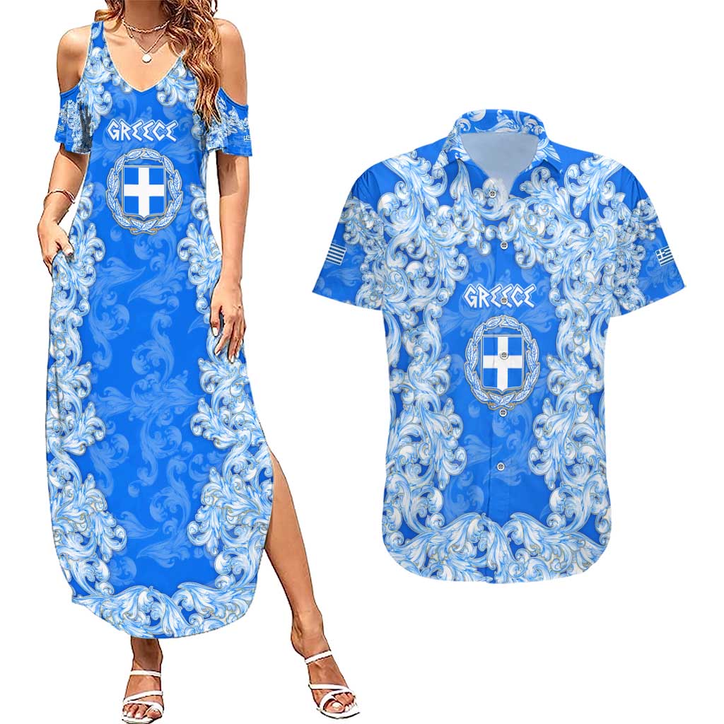 Greece Baroque Pattern Couples Matching Summer Maxi Dress and Hawaiian Shirt with Greek Flag Crest and Country Map
