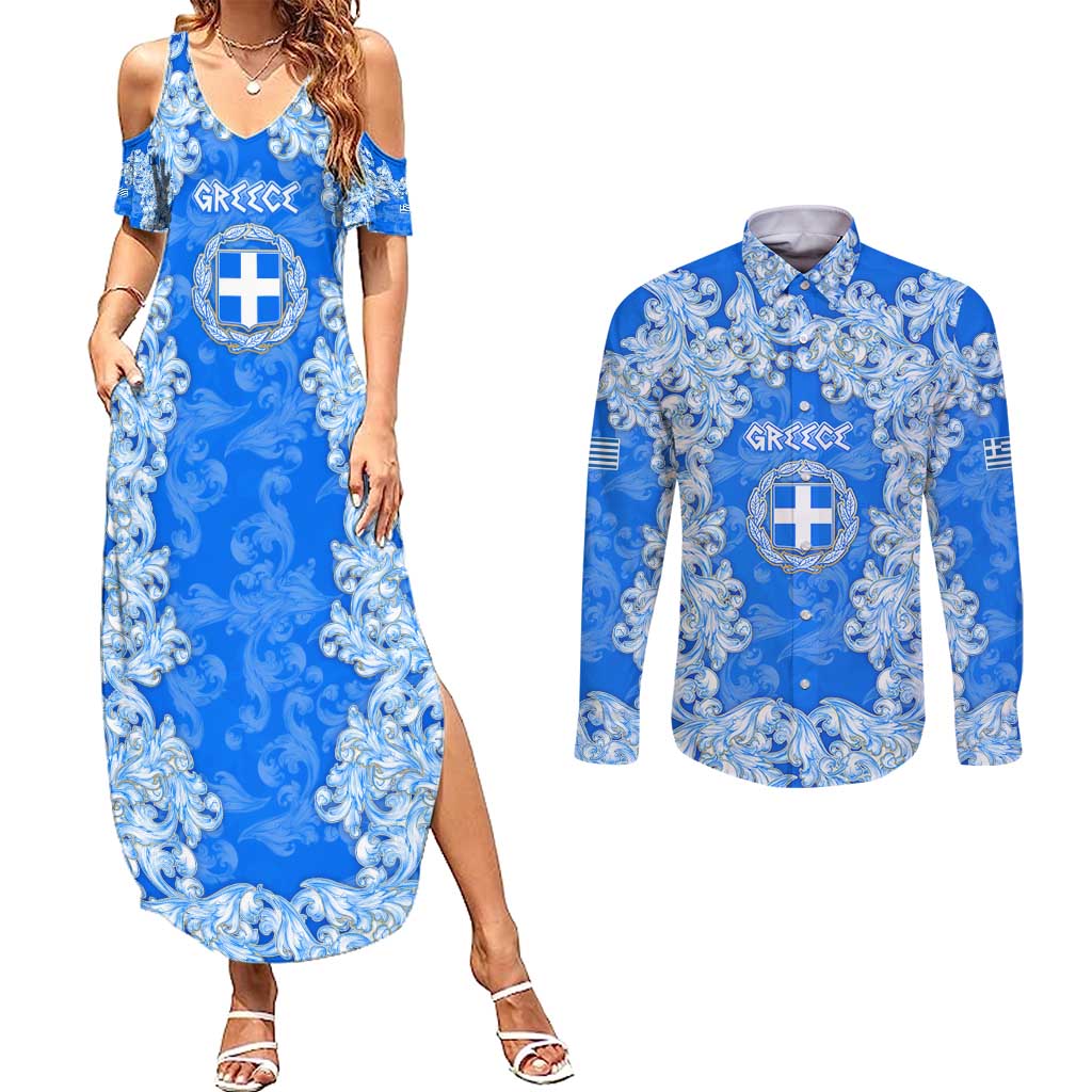 Greece Baroque Pattern Couples Matching Summer Maxi Dress and Long Sleeve Button Shirt with Greek Flag Crest and Country Map