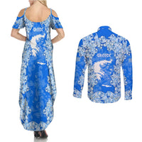 Greece Baroque Pattern Couples Matching Summer Maxi Dress and Long Sleeve Button Shirt with Greek Flag Crest and Country Map