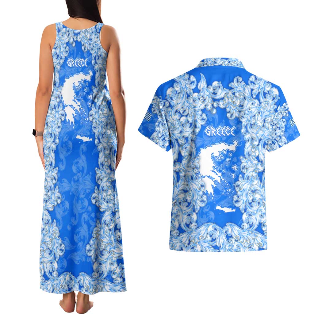 Greece Baroque Pattern Couples Matching Tank Maxi Dress and Hawaiian Shirt with Greek Flag Crest and Country Map