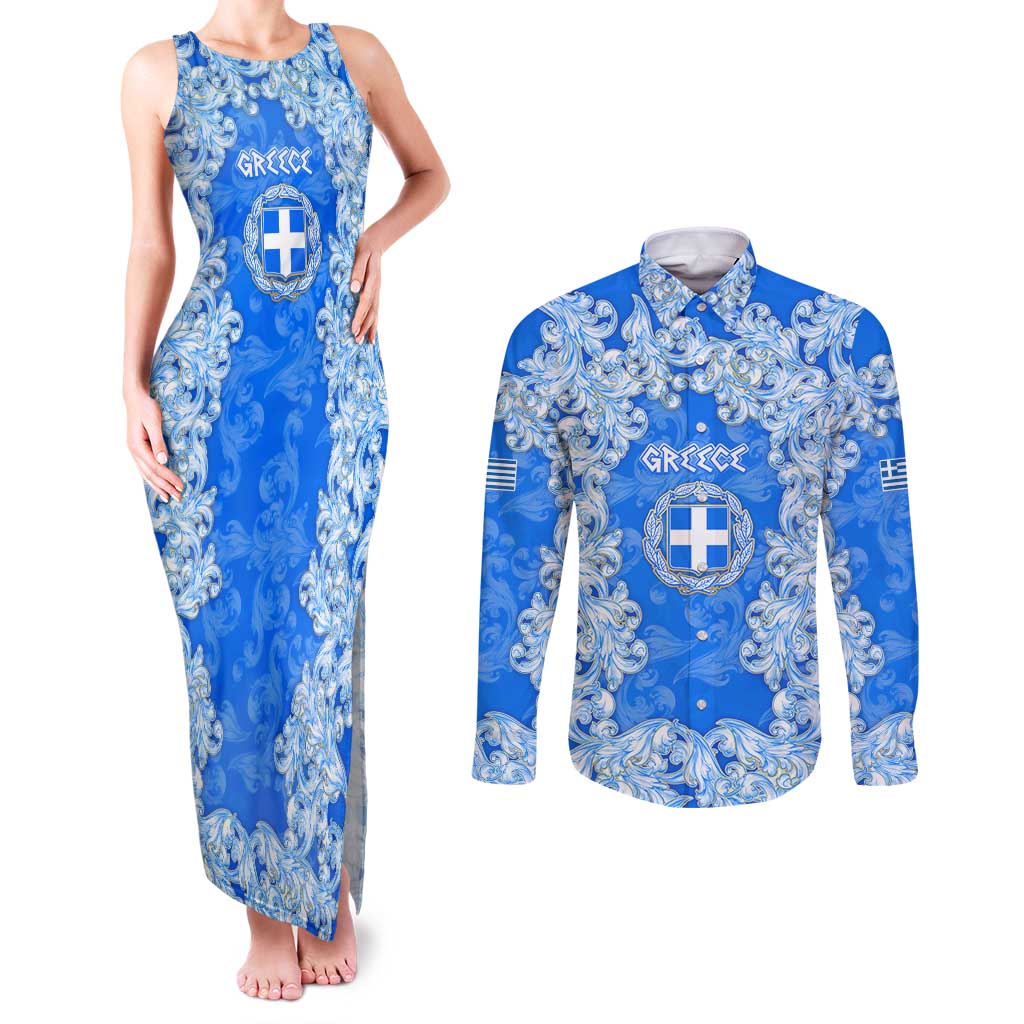 Greece Baroque Pattern Couples Matching Tank Maxi Dress and Long Sleeve Button Shirt with Greek Flag Crest and Country Map