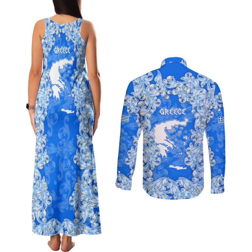 Greece Baroque Pattern Couples Matching Tank Maxi Dress and Long Sleeve Button Shirt with Greek Flag Crest and Country Map