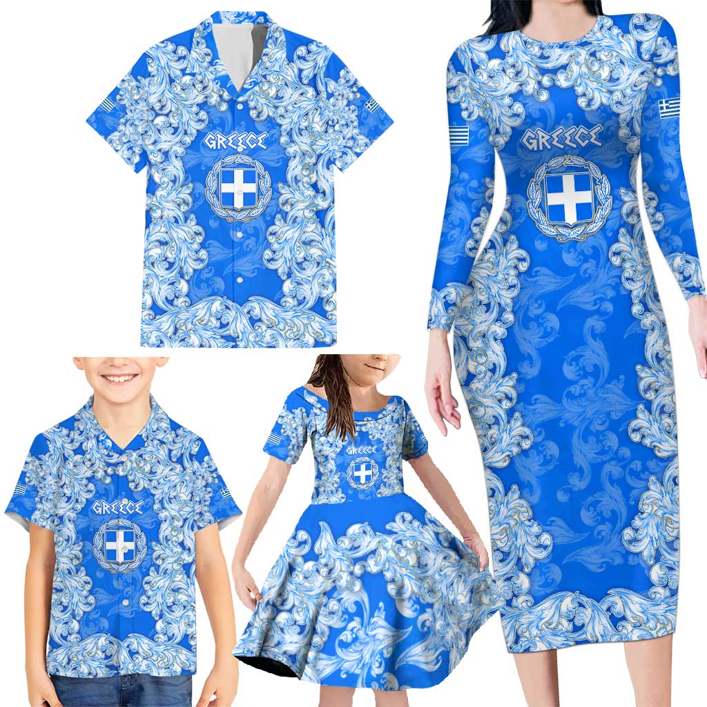Greece Baroque Pattern Family Matching Long Sleeve Bodycon Dress and Hawaiian Shirt with Greek Flag Crest and Country Map