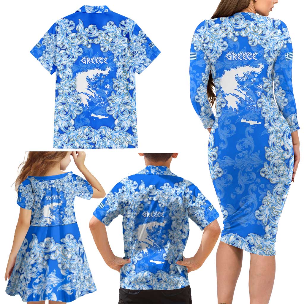 Greece Baroque Pattern Family Matching Long Sleeve Bodycon Dress and Hawaiian Shirt with Greek Flag Crest and Country Map
