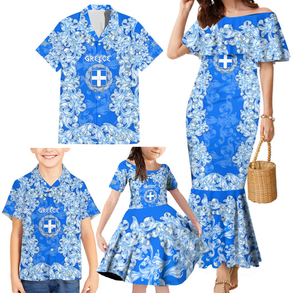 Greece Baroque Pattern Family Matching Mermaid Dress and Hawaiian Shirt with Greek Flag Crest and Country Map