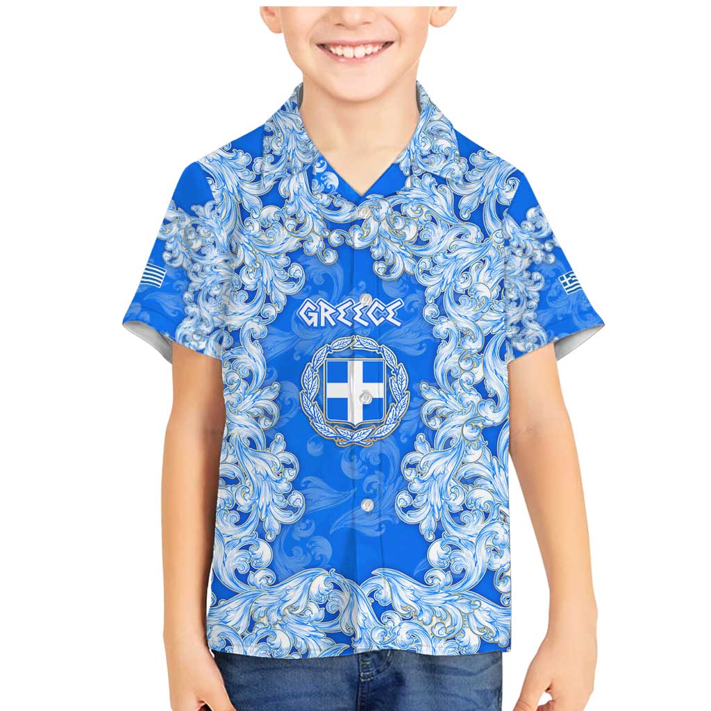 Greece Baroque Pattern Family Matching Mermaid Dress and Hawaiian Shirt with Greek Flag Crest and Country Map