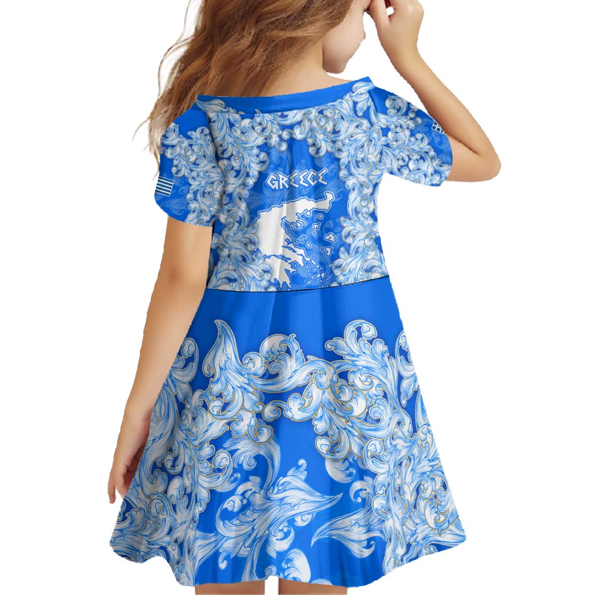 Greece Baroque Pattern Family Matching Off The Shoulder Long Sleeve Dress and Hawaiian Shirt with Greek Flag Crest and Country Map