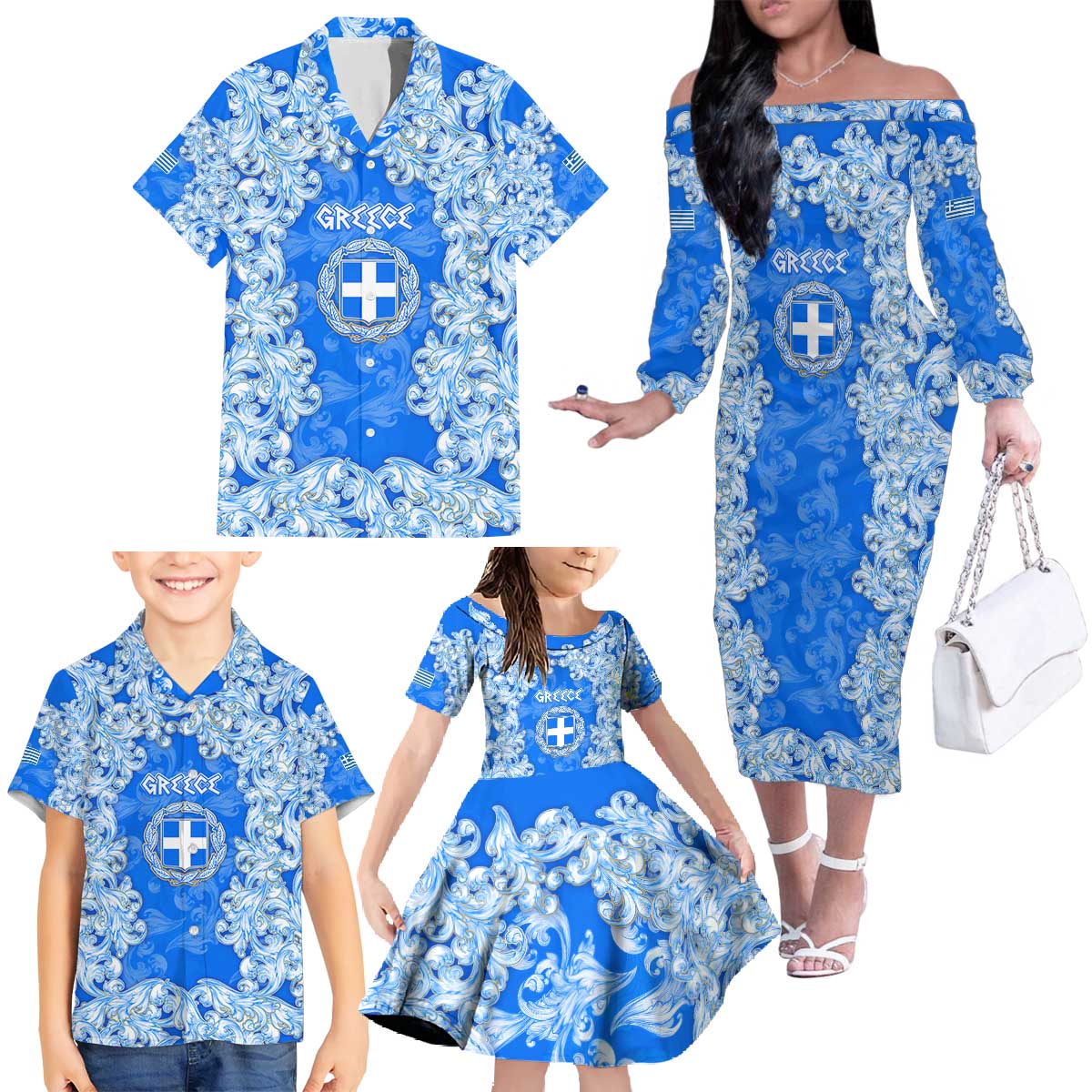 Greece Baroque Pattern Family Matching Off The Shoulder Long Sleeve Dress and Hawaiian Shirt with Greek Flag Crest and Country Map
