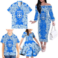 Greece Baroque Pattern Family Matching Off The Shoulder Long Sleeve Dress and Hawaiian Shirt with Greek Flag Crest and Country Map
