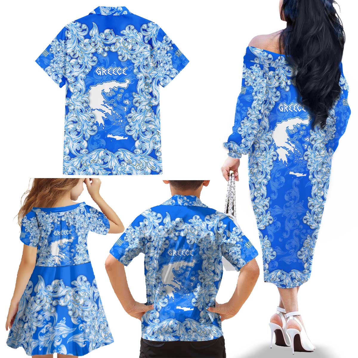Greece Baroque Pattern Family Matching Off The Shoulder Long Sleeve Dress and Hawaiian Shirt with Greek Flag Crest and Country Map