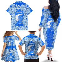 Greece Baroque Pattern Family Matching Off The Shoulder Long Sleeve Dress and Hawaiian Shirt with Greek Flag Crest and Country Map