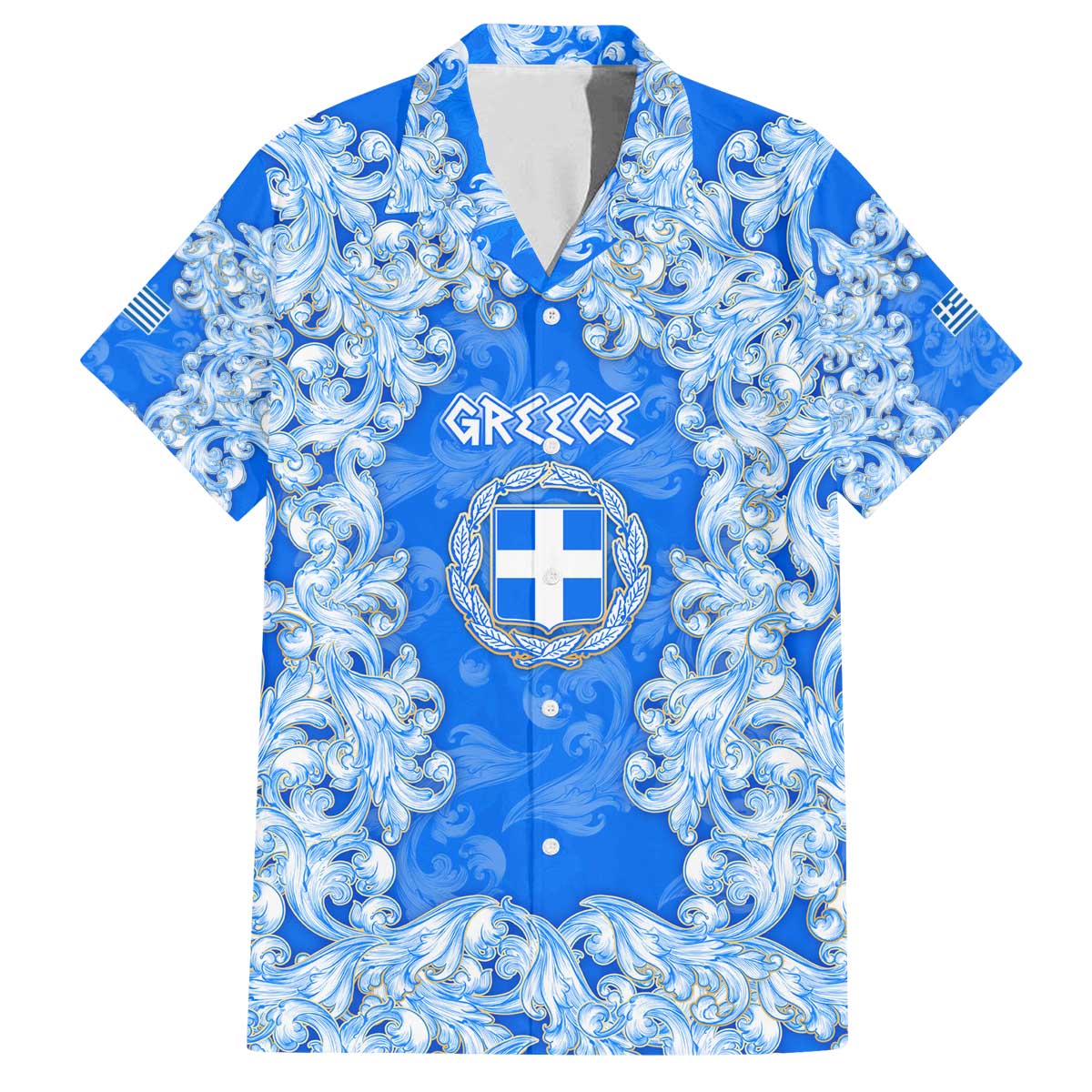Greece Baroque Pattern Family Matching Off The Shoulder Long Sleeve Dress and Hawaiian Shirt with Greek Flag Crest and Country Map