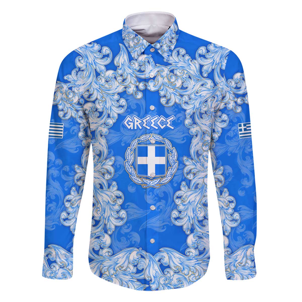 Greece Baroque Pattern Family Matching Off The Shoulder Long Sleeve Dress and Hawaiian Shirt with Greek Flag Crest and Country Map