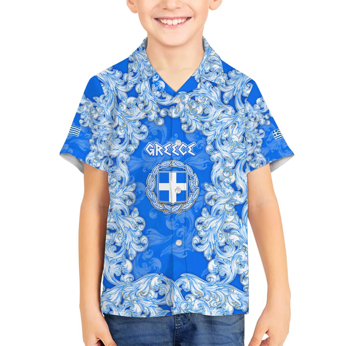 Greece Baroque Pattern Family Matching Off The Shoulder Long Sleeve Dress and Hawaiian Shirt with Greek Flag Crest and Country Map