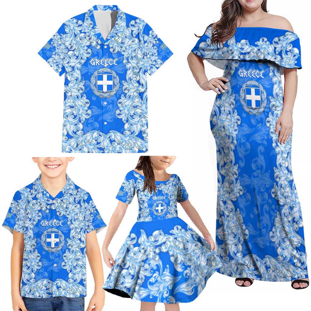 Greece Baroque Pattern Family Matching Off Shoulder Maxi Dress and Hawaiian Shirt with Greek Flag Crest and Country Map