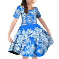 Greece Baroque Pattern Family Matching Off Shoulder Short Dress and Hawaiian Shirt with Greek Flag Crest and Country Map