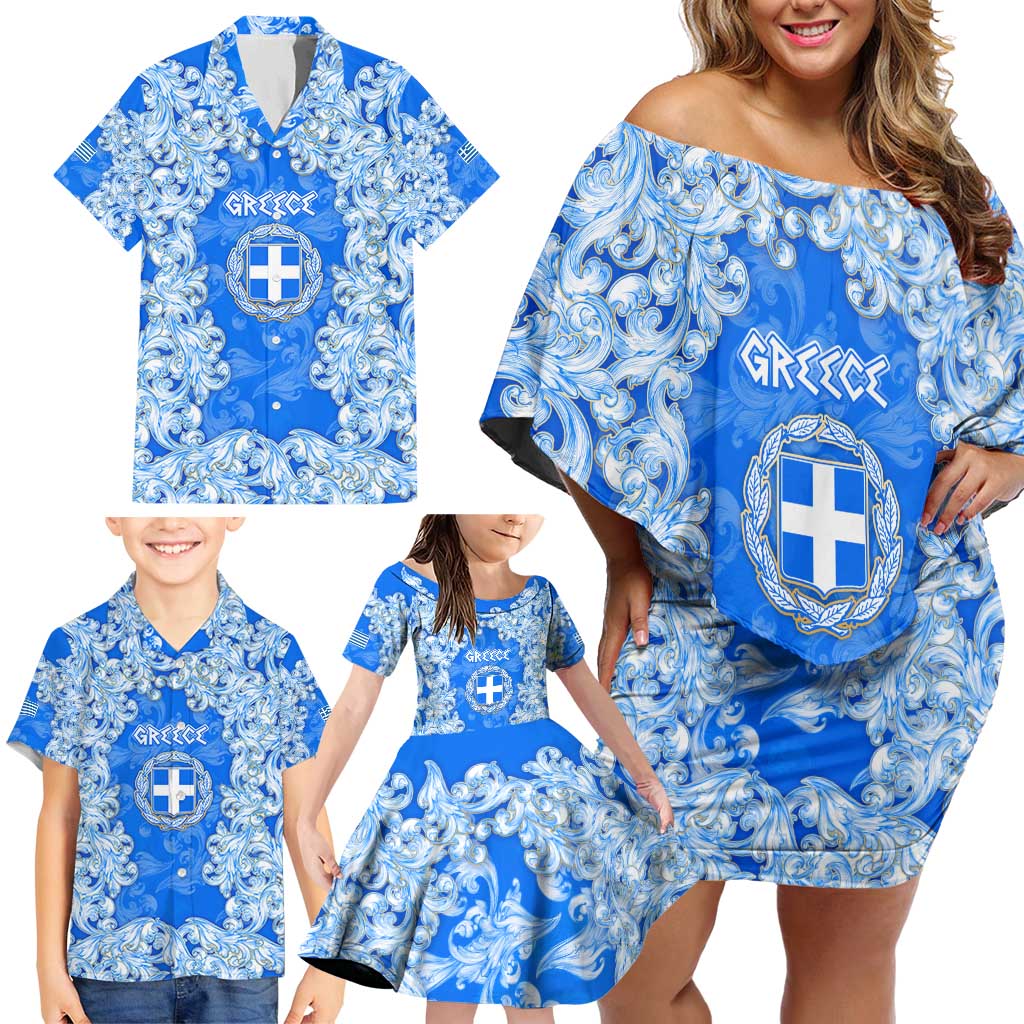 Greece Baroque Pattern Family Matching Off Shoulder Short Dress and Hawaiian Shirt with Greek Flag Crest and Country Map