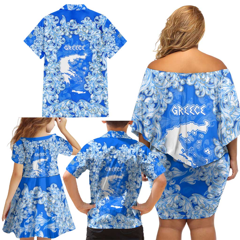 Greece Baroque Pattern Family Matching Off Shoulder Short Dress and Hawaiian Shirt with Greek Flag Crest and Country Map