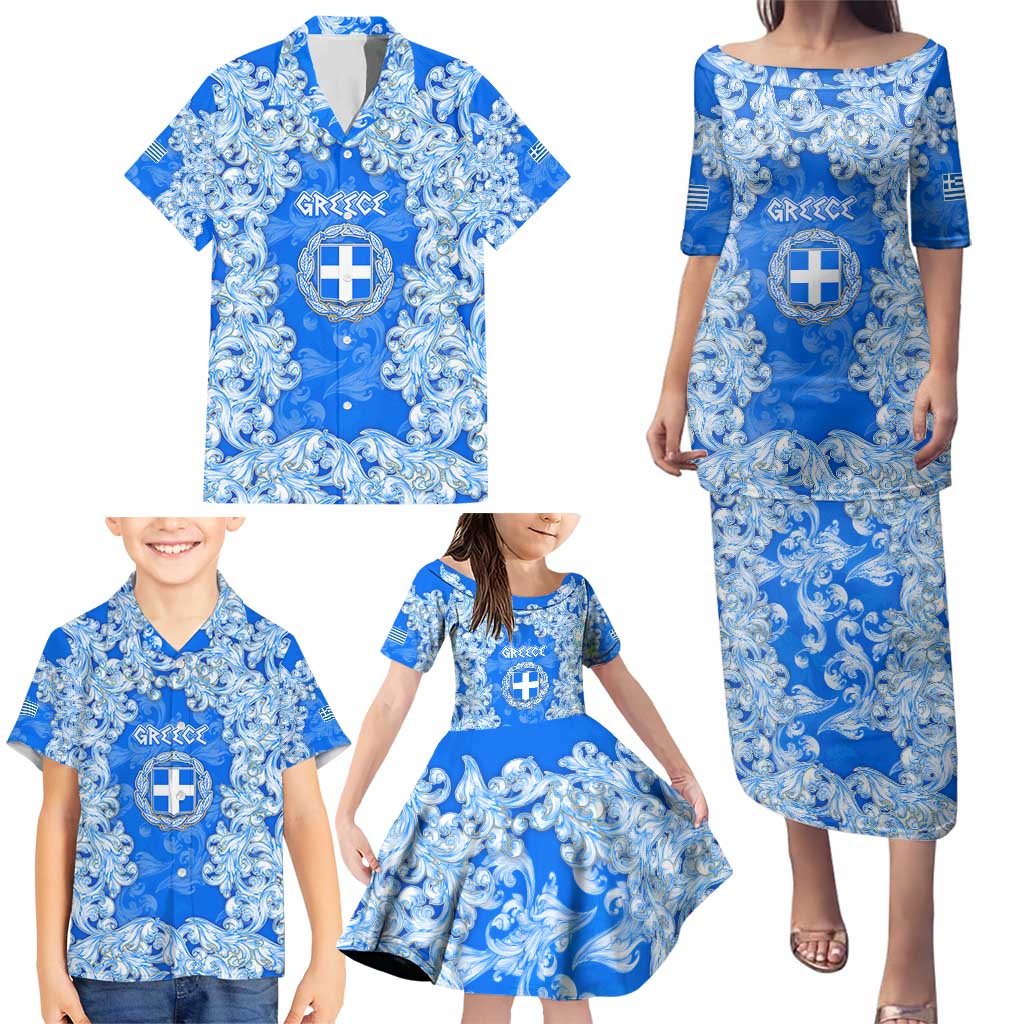 Greece Baroque Pattern Family Matching Puletasi and Hawaiian Shirt with Greek Flag Crest and Country Map
