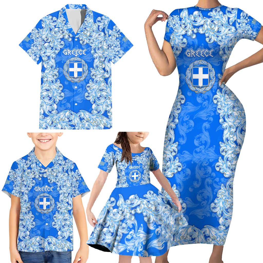 Greece Baroque Pattern Family Matching Short Sleeve Bodycon Dress and Hawaiian Shirt with Greek Flag Crest and Country Map