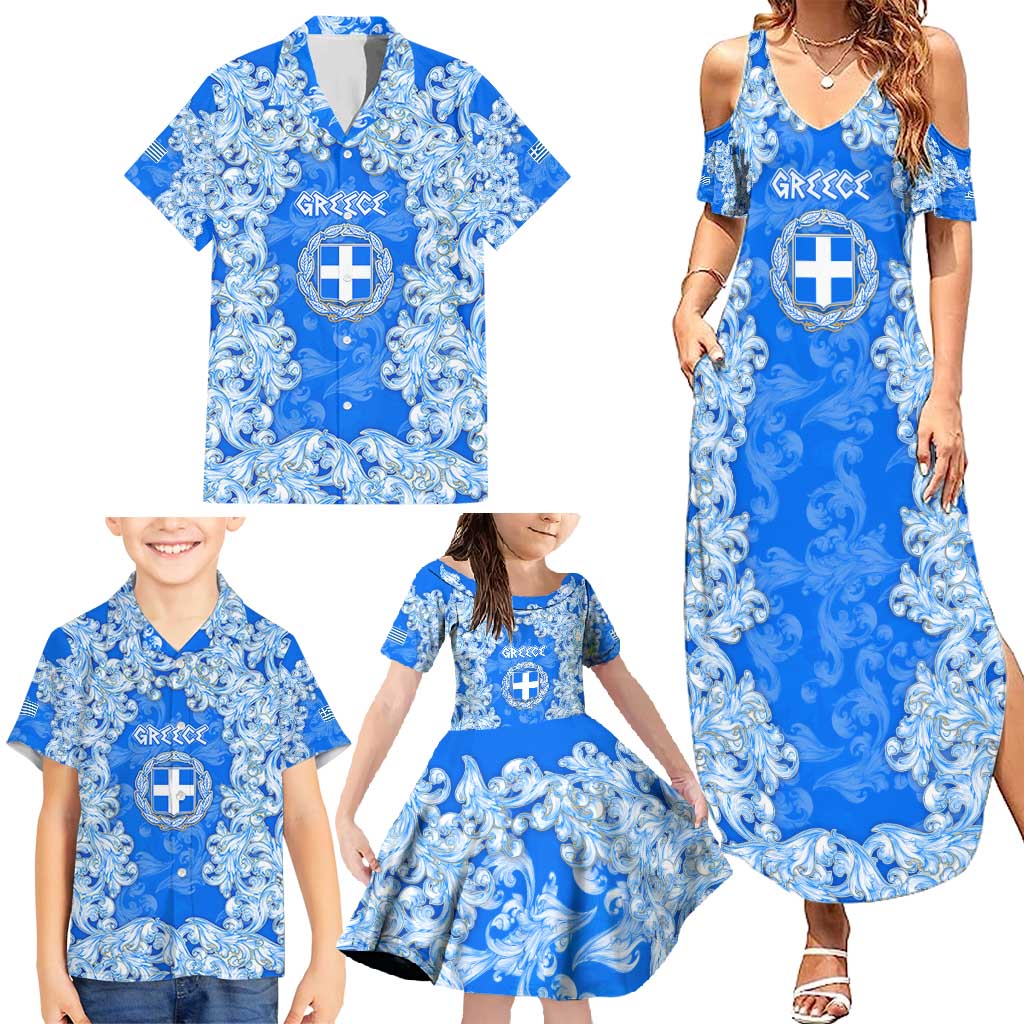 Greece Baroque Pattern Family Matching Summer Maxi Dress and Hawaiian Shirt with Greek Flag Crest and Country Map