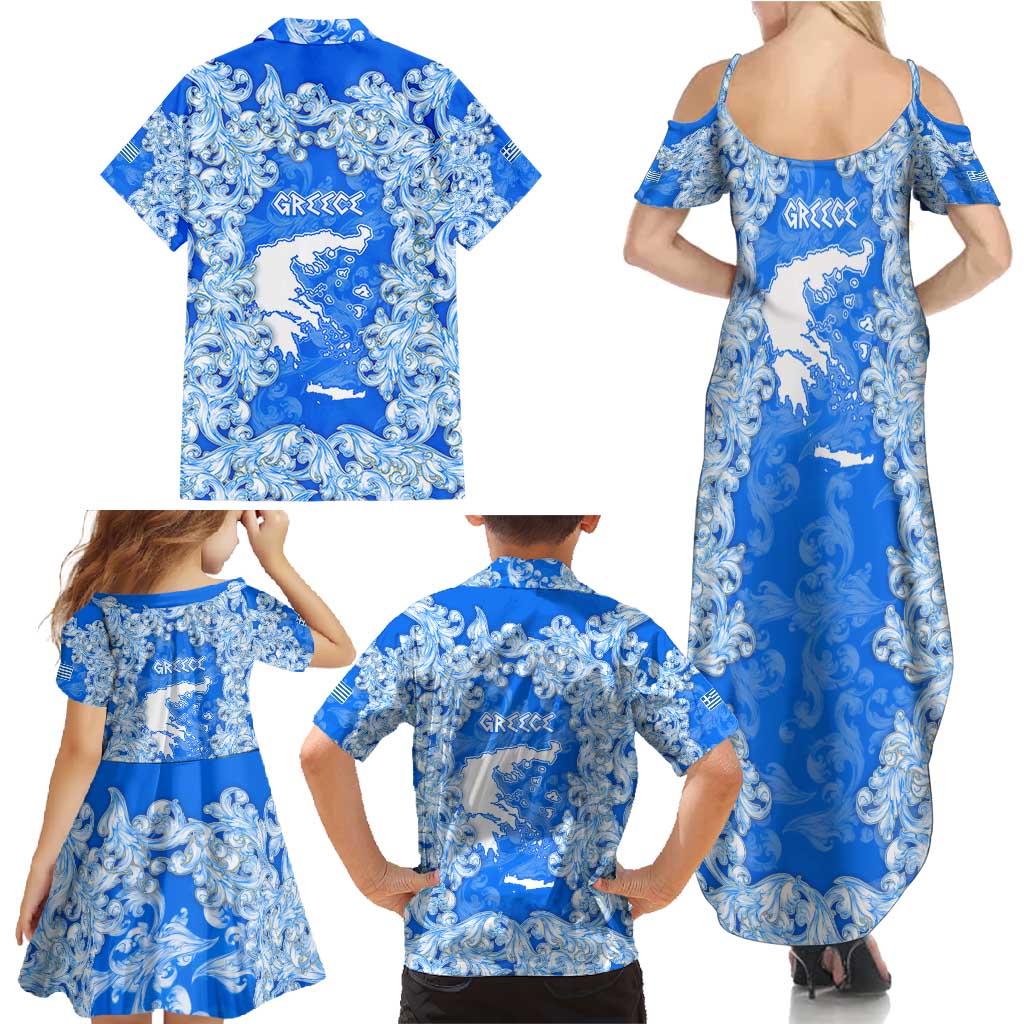 Greece Baroque Pattern Family Matching Summer Maxi Dress and Hawaiian Shirt with Greek Flag Crest and Country Map