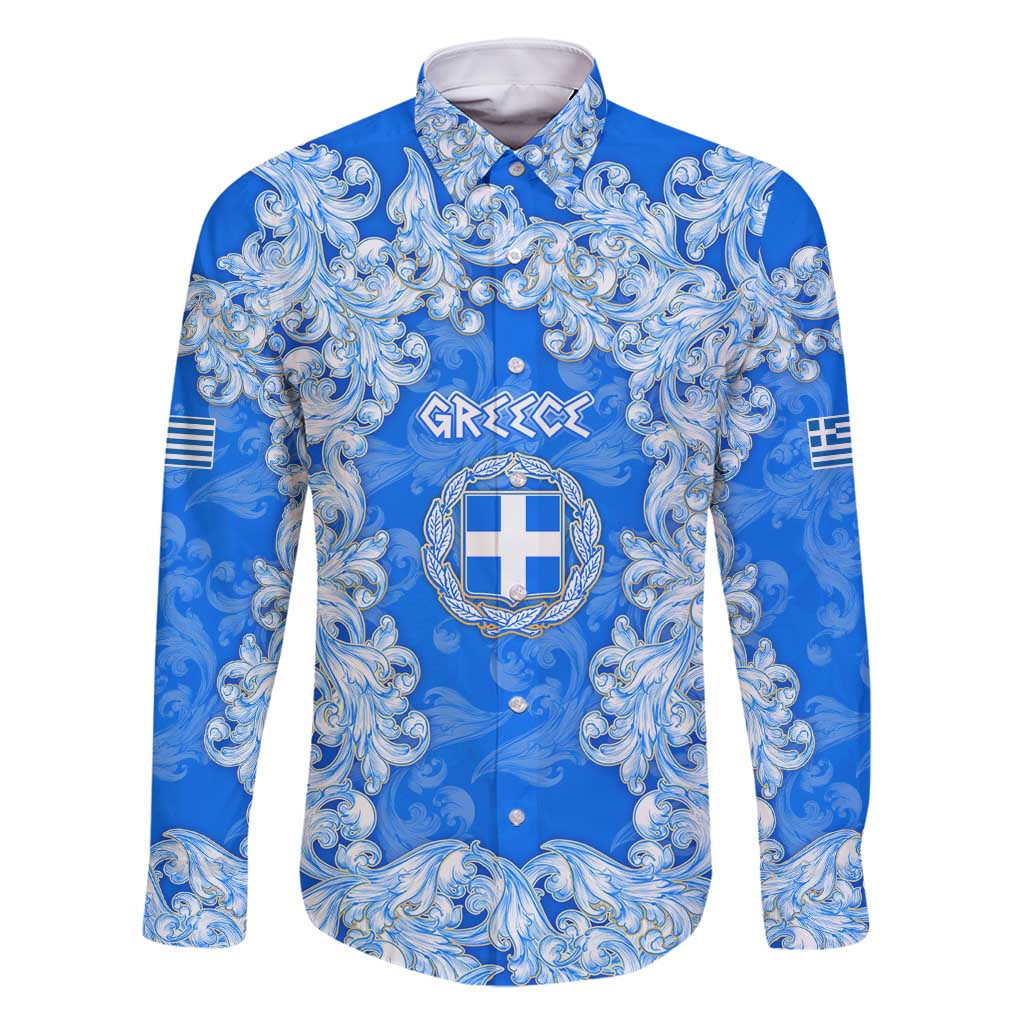 Greece Baroque Pattern Family Matching Summer Maxi Dress and Hawaiian Shirt with Greek Flag Crest and Country Map