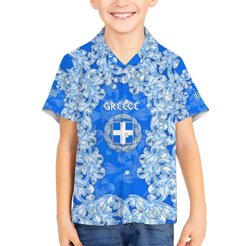 Greece Baroque Pattern Family Matching Summer Maxi Dress and Hawaiian Shirt with Greek Flag Crest and Country Map