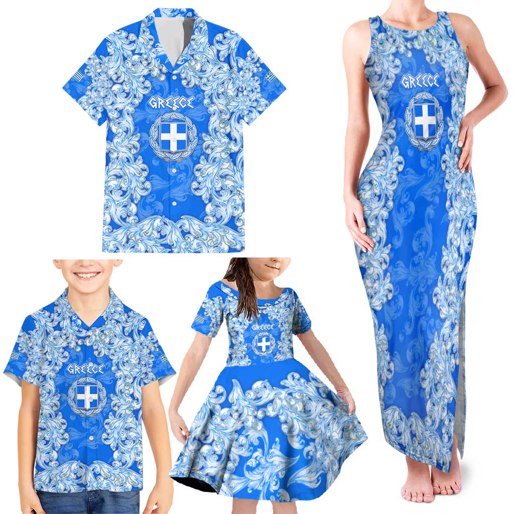 Greece Baroque Pattern Family Matching Tank Maxi Dress and Hawaiian Shirt with Greek Flag Crest and Country Map