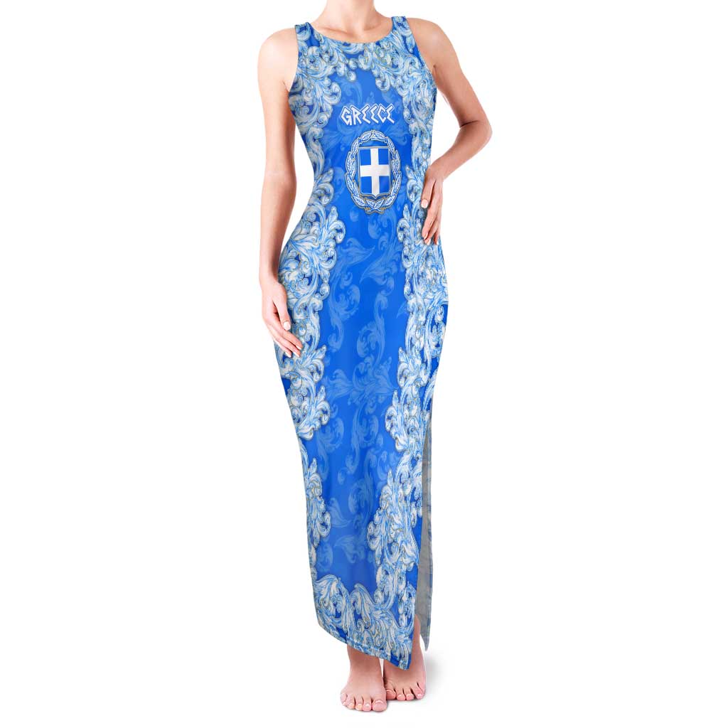 Greece Baroque Pattern Family Matching Tank Maxi Dress and Hawaiian Shirt with Greek Flag Crest and Country Map