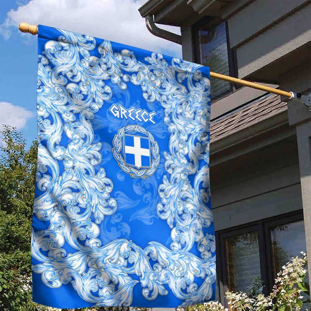 Greece Baroque Pattern Garden Flag with Greek Flag Crest and Country Map