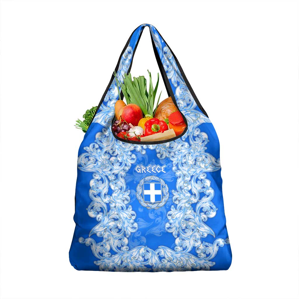 Greece Baroque Pattern Grocery Bag with Greek Flag Crest and Country Map