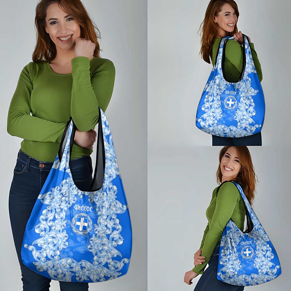 Greece Baroque Pattern Grocery Bag with Greek Flag Crest and Country Map