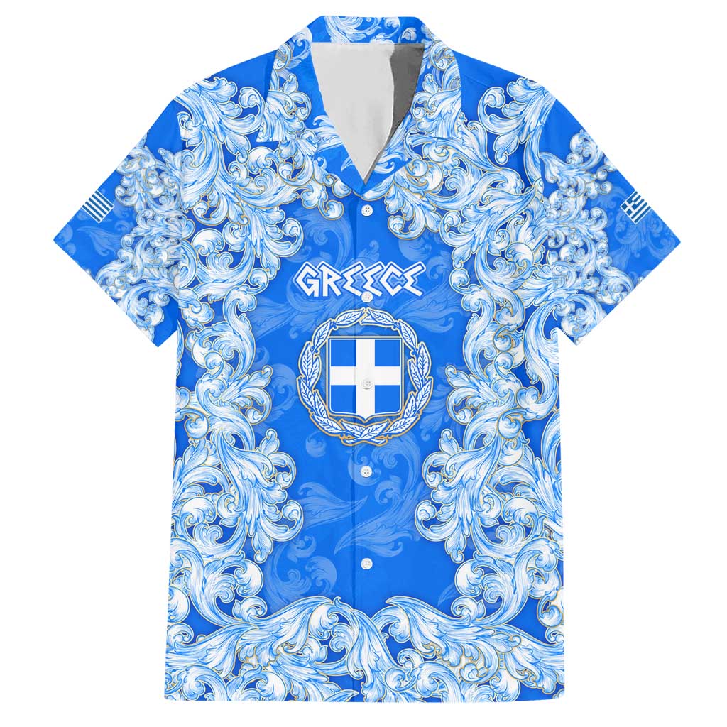 Greece Baroque Pattern Hawaiian Shirt with Greek Flag Crest and Country Map