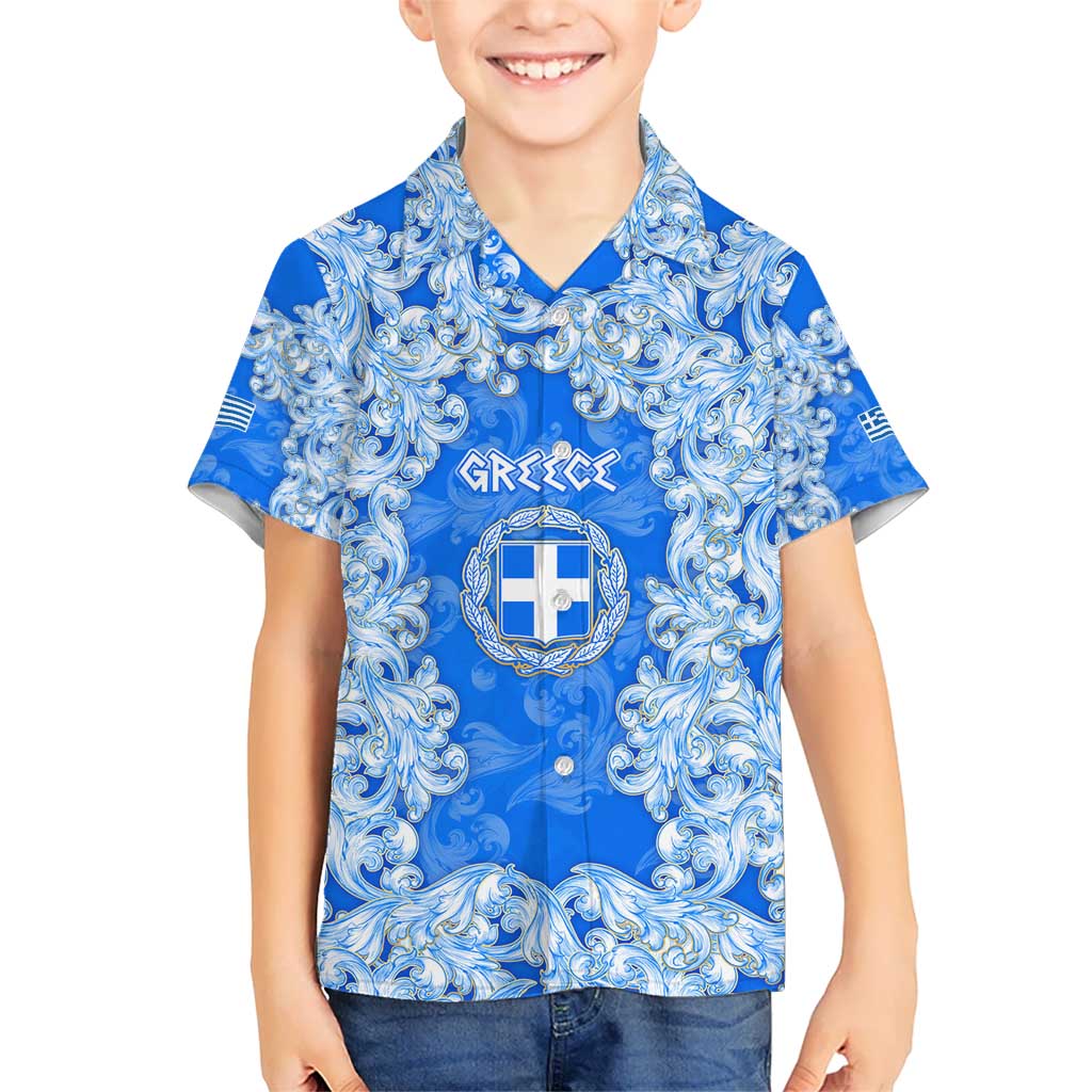 Greece Baroque Pattern Hawaiian Shirt with Greek Flag Crest and Country Map