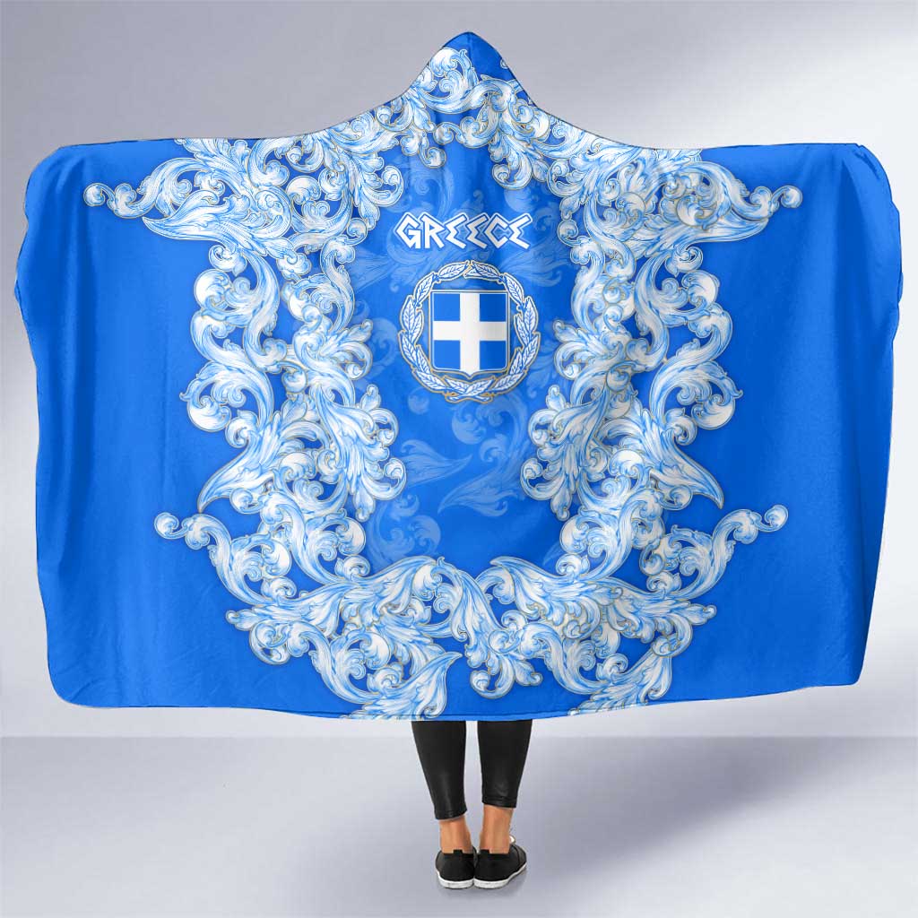 Greece Baroque Pattern Hooded Blanket with Greek Flag Crest and Country Map