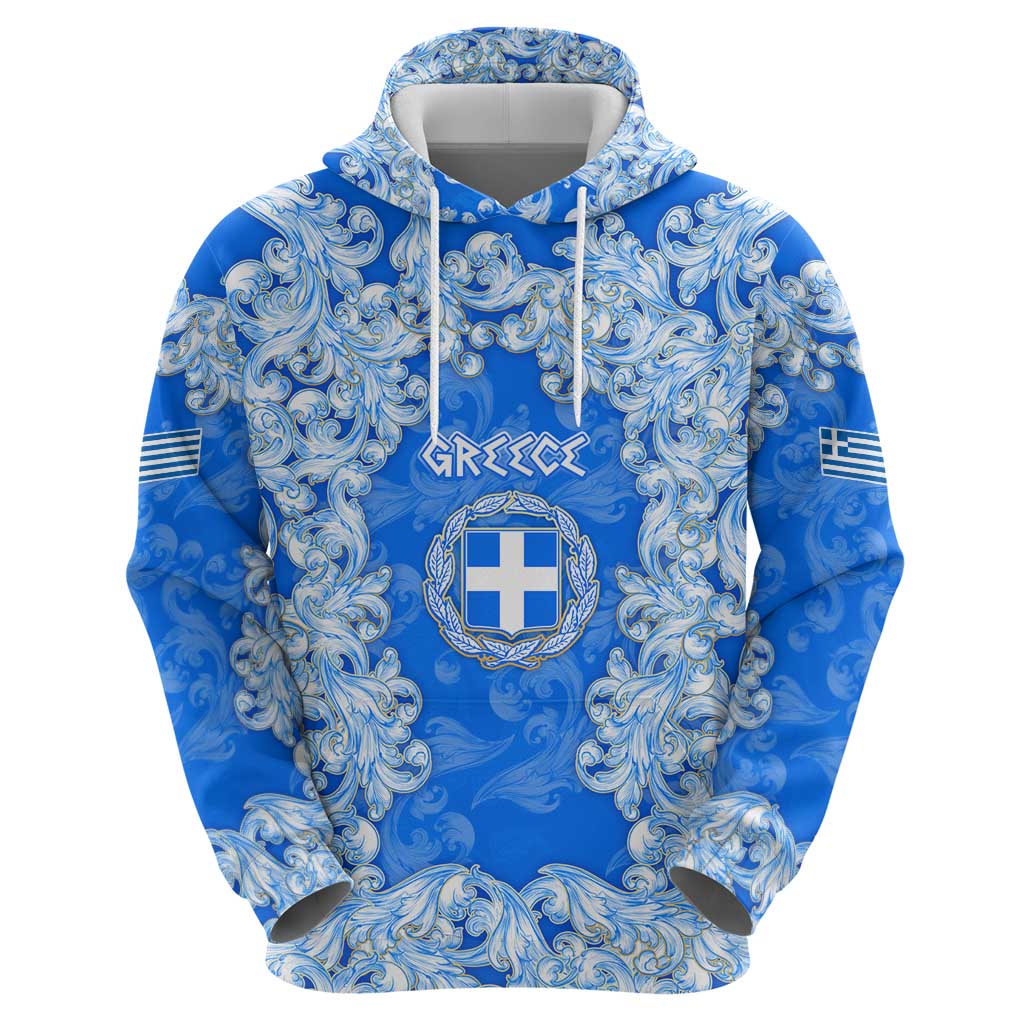 Greece Baroque Pattern Hoodie with Greek Flag Crest and Country Map