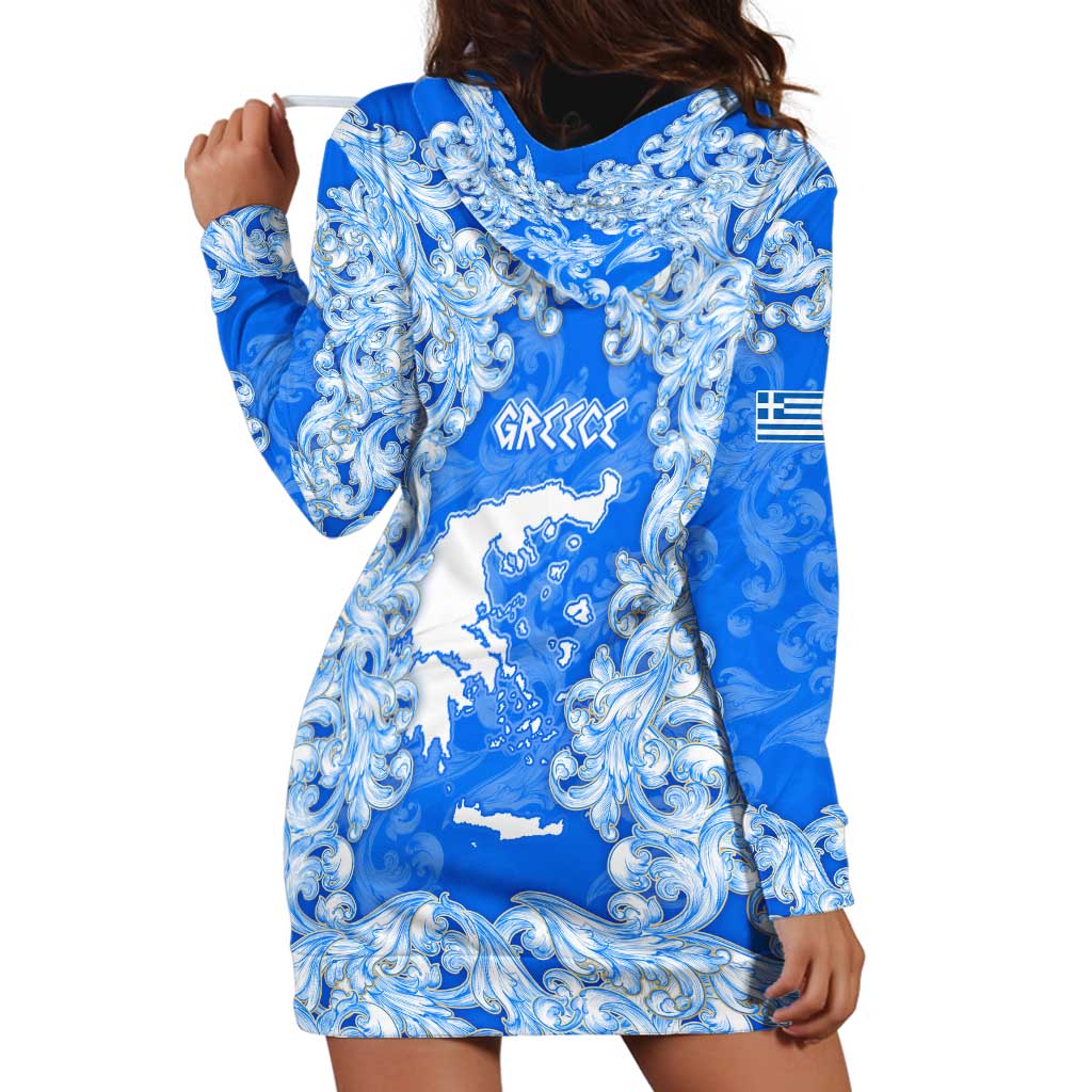 Greece Baroque Pattern Hoodie Dress with Greek Flag Crest and Country Map