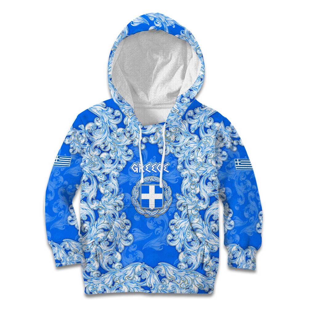 Greece Baroque Pattern Kid Hoodie with Greek Flag Crest and Country Map