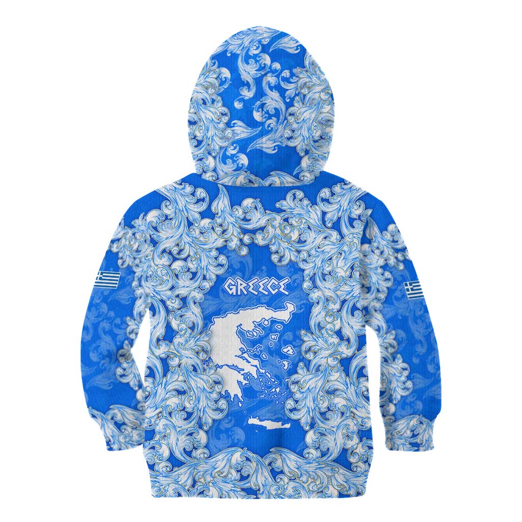 Greece Baroque Pattern Kid Hoodie with Greek Flag Crest and Country Map