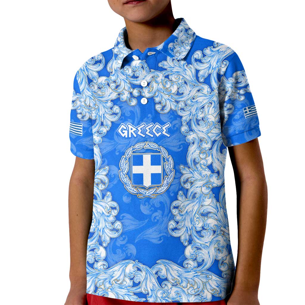 Greece Baroque Pattern Kid Polo Shirt with Greek Flag Crest and Country Map