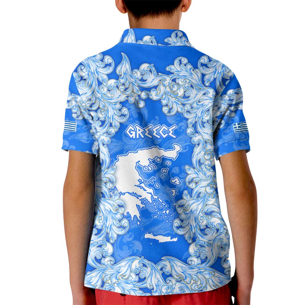 Greece Baroque Pattern Kid Polo Shirt with Greek Flag Crest and Country Map