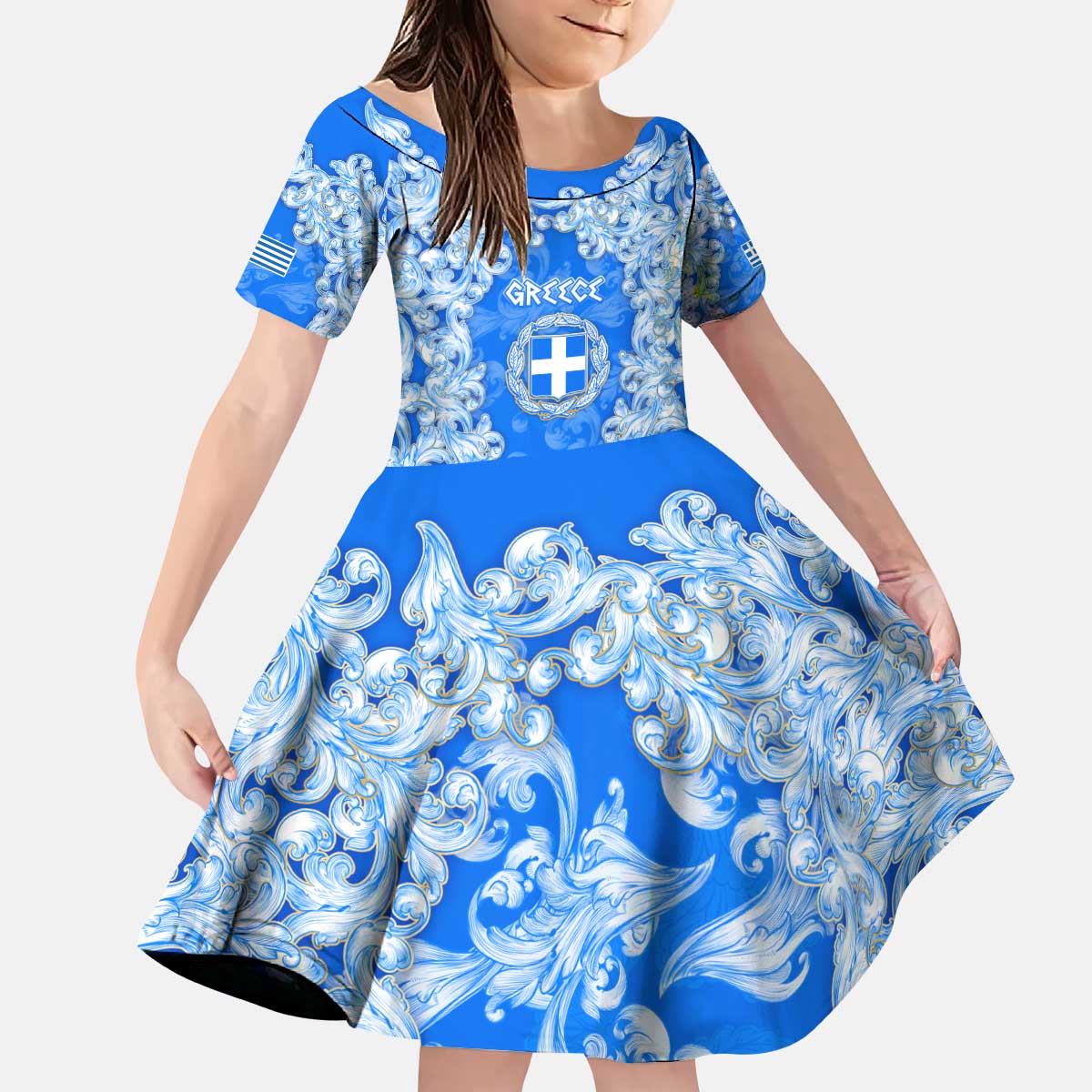 Greece Baroque Pattern Kid Short Sleeve Dress with Greek Flag Crest and Country Map
