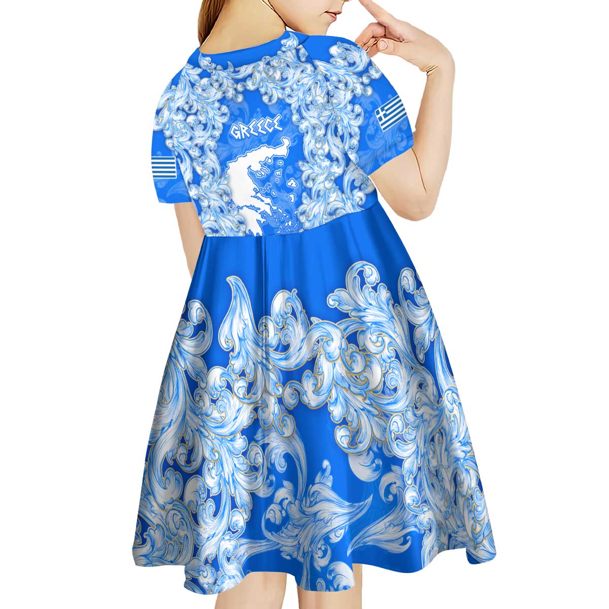 Greece Baroque Pattern Kid Short Sleeve Dress with Greek Flag Crest and Country Map