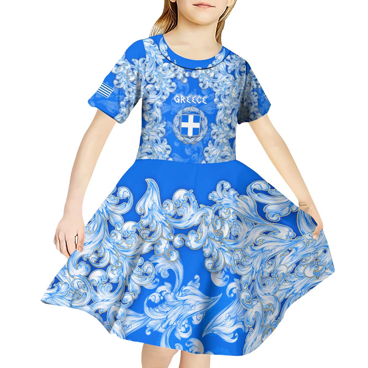 Greece Baroque Pattern Kid Short Sleeve Dress with Greek Flag Crest and Country Map